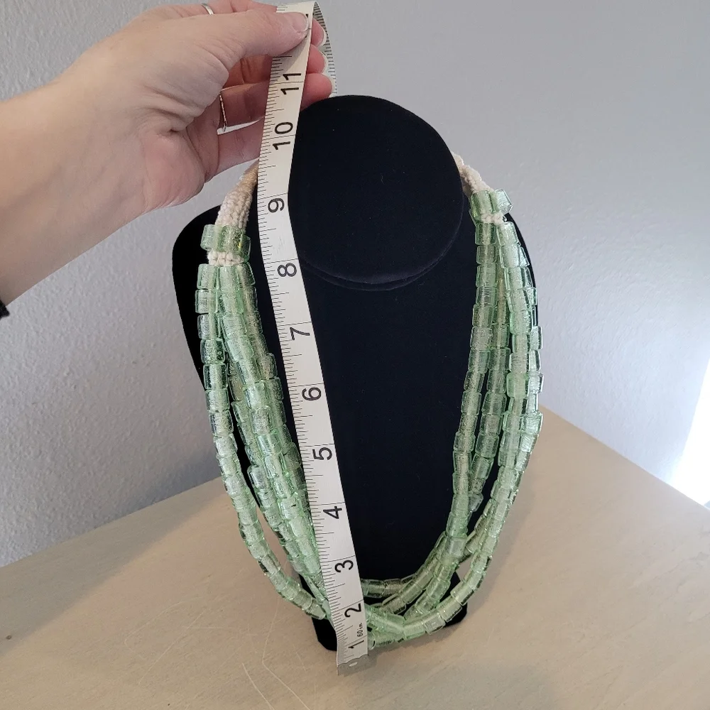 Artisan green glass bead multi strand necklace with cord and button
